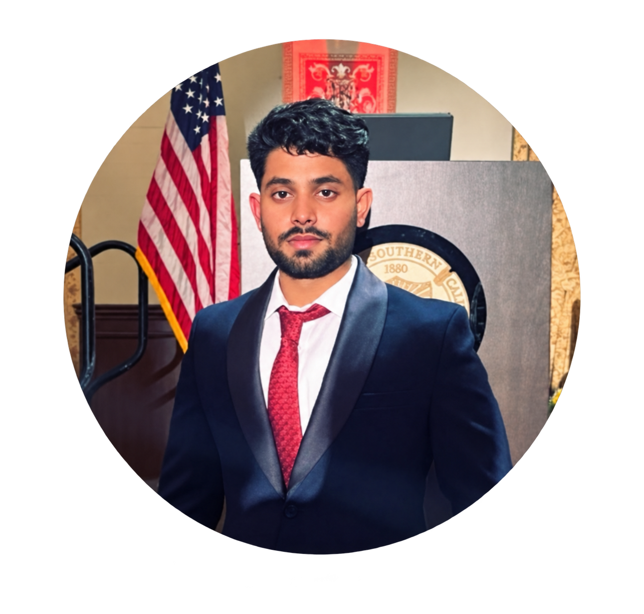 Roshan Raj Kantharaja in a dark suit and red tie